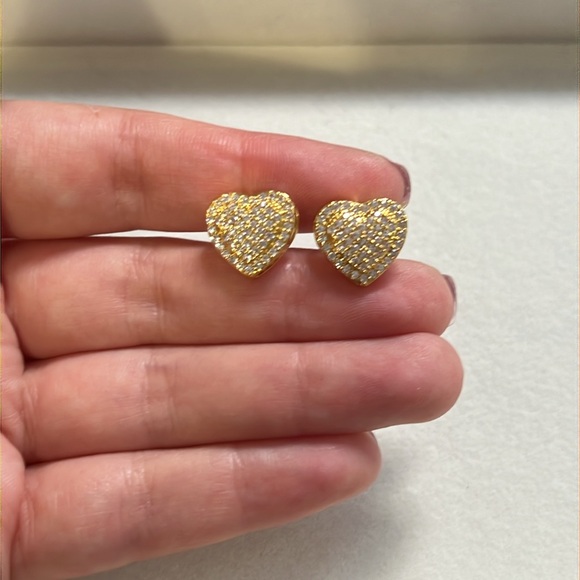 Gold Heart Rhinestone Stud Earrings - Picture 2 of 3